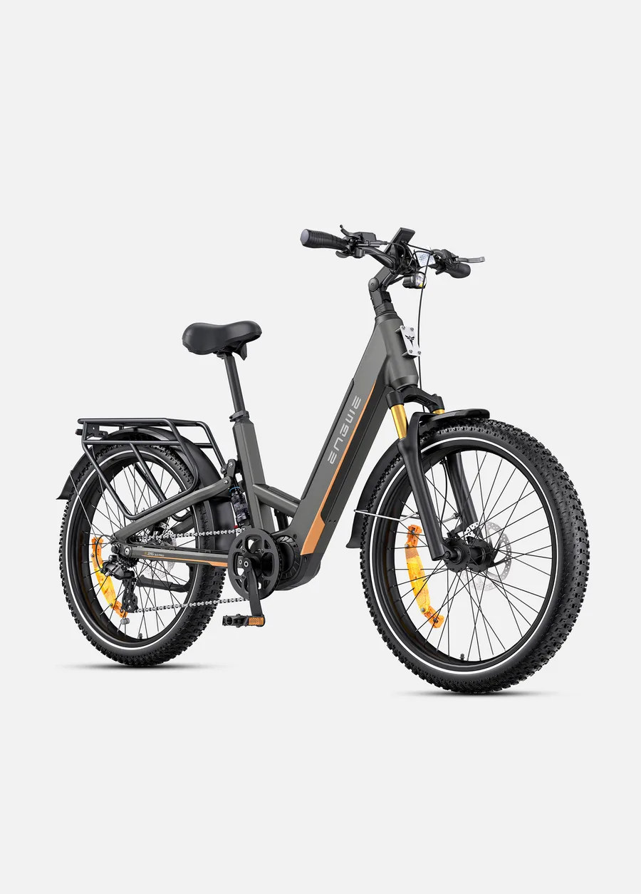 Seitenansicht eines ENGWE E26 3.0 Pro E-Bikes mit dickem Reifen, Gepäckträger und Federung.