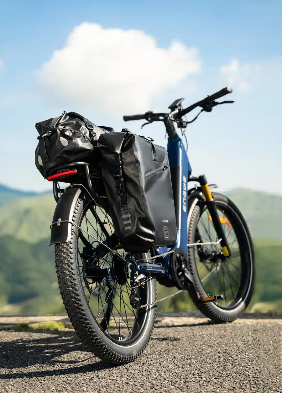 Hinteransicht eines blauen ENGWE E26 3.0 Pro E-Bikes mit großen schwarzen Gepäcktaschen auf dem Gepäckträger, abgestellt im Freien auf einem asphaltierten Weg mit Bergkulisse im Hintergrund.