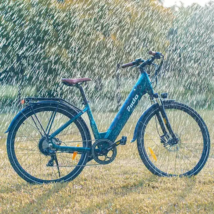 Fiido C11 Pro Elektrofahrrad in tealblau, steht auf Gras bei starkem Regen.