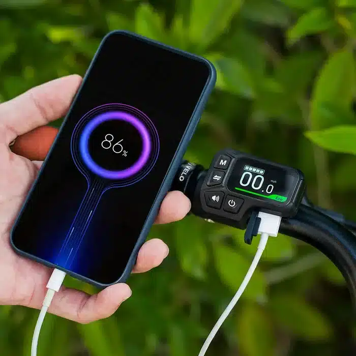 Hand hält ein Smartphone mit Ladestatusanzeige 86% und einem USB-Kabel, das mit dem Display eines Fiido C11 Pro E-Bikes verbunden ist. Das Display zeigt Geschwindigkeit und Reichweite an.