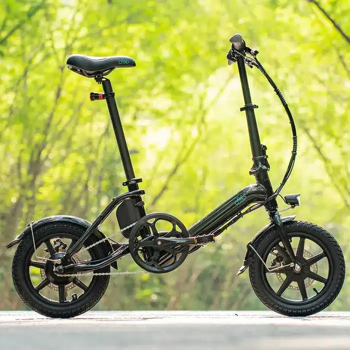 Schwarz lackiertes Fiido D3 Pro Mini Klapp-E-Bike mit kleinen Rädern, steht auf einem Weg im Freien vor Bäumen.