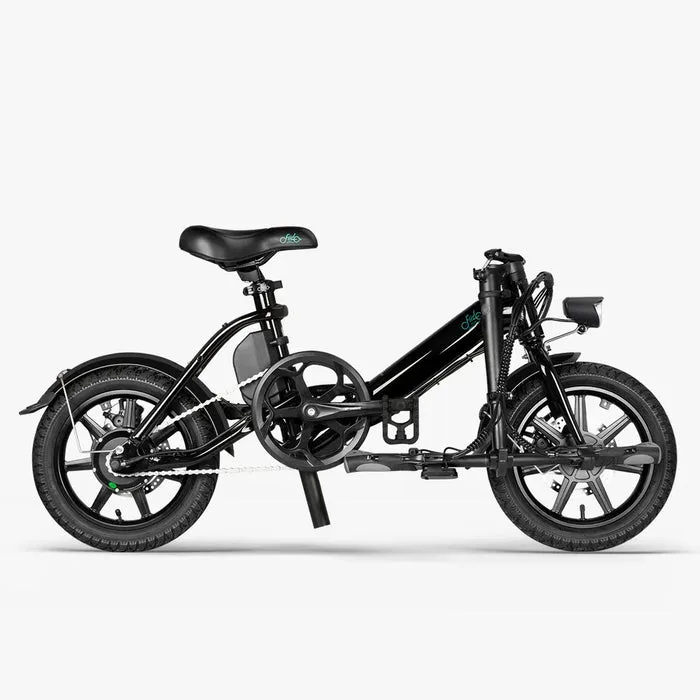 Ein schwarzes Fiido D3 Pro Mini E-Bike, seitlich aufgenommen auf weißem Hintergrund.