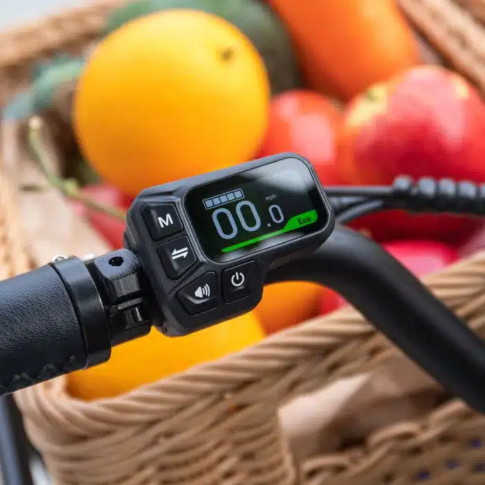 Digitales Display eines Fiido T2 E-Bikes, das Informationen über Akkuladung und Geschwindigkeit anzeigt, platziert vor einem Hintergrund aus Obst in einem Korb.