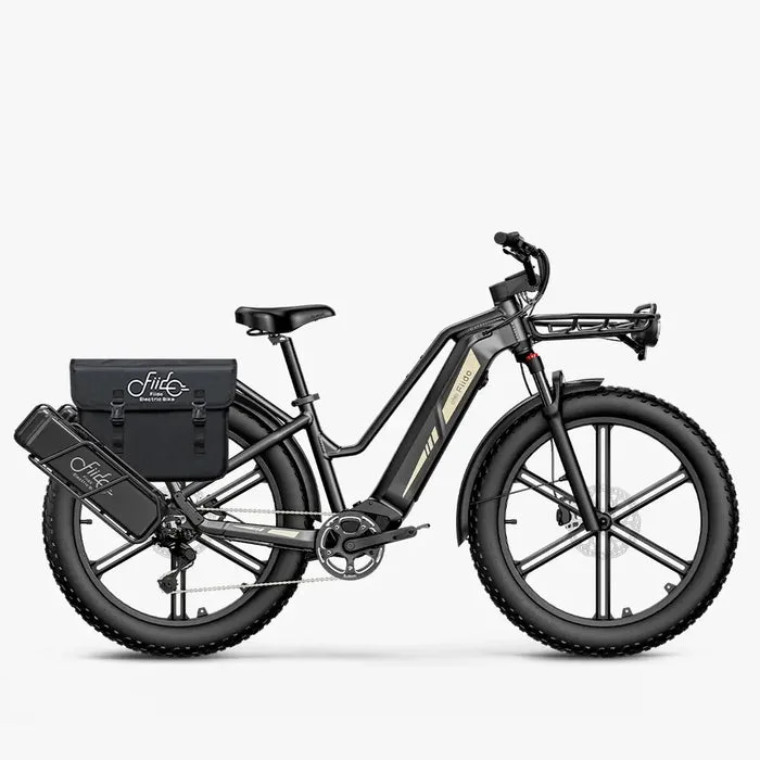 Seitenansicht eines schwarzen Fiido Titan E-Bikes mit breiten Fat-Reifen, Gepäckträger vorne und hinten sowie einer seitlichen Satteltasche.