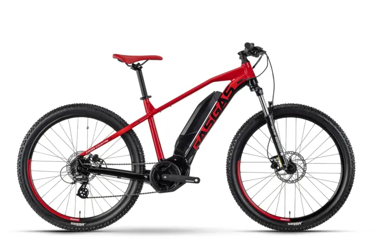 Seitenansicht eines roten GASGAS G CROSS COUNTRY 1.0 E-Hardtails mit Fokus auf Rahmen, Motor und Räder.