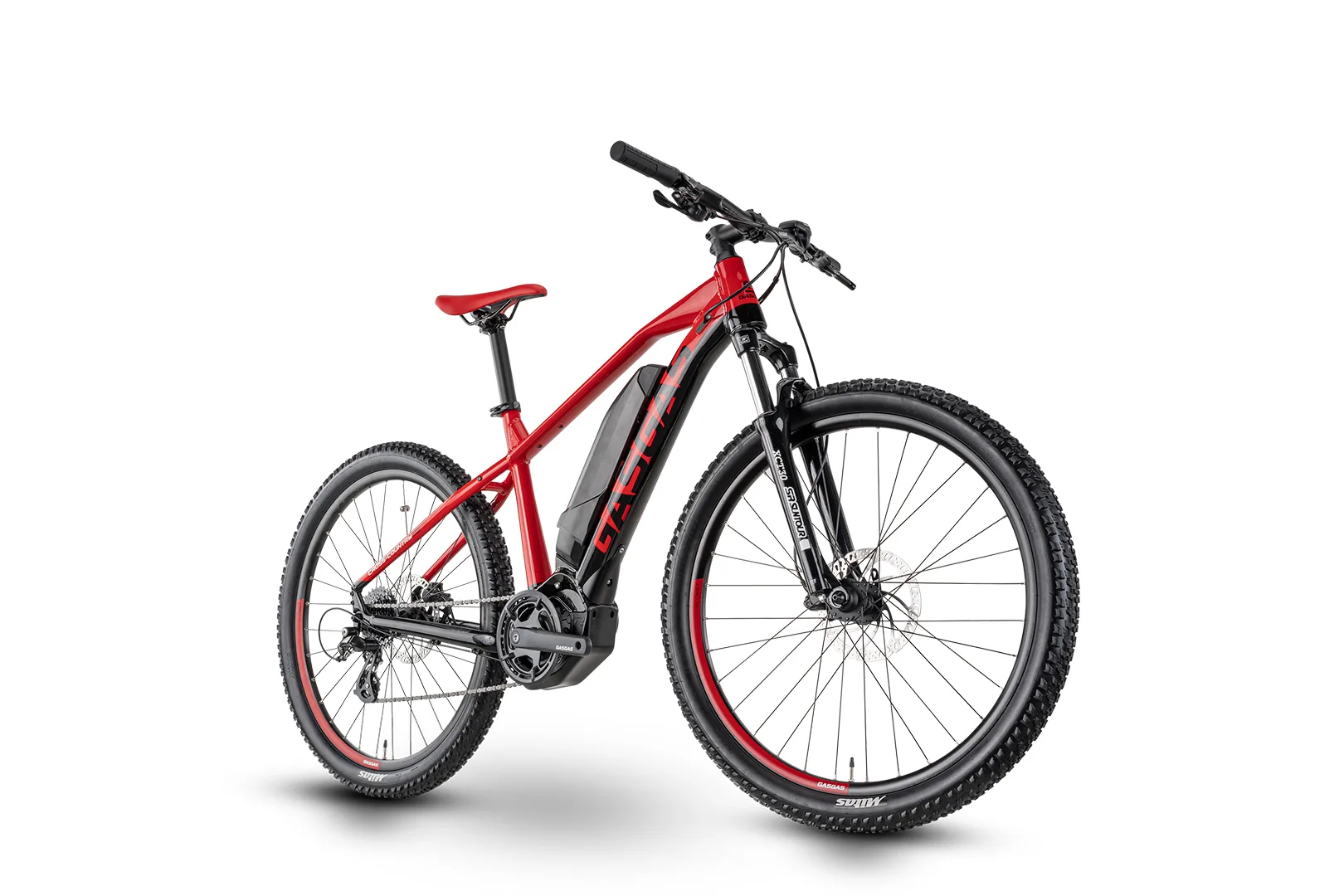Seitenansicht eines roten GASGAS E-Hardtail Mountainbikes mit schwarzen Details auf weißem Hintergrund