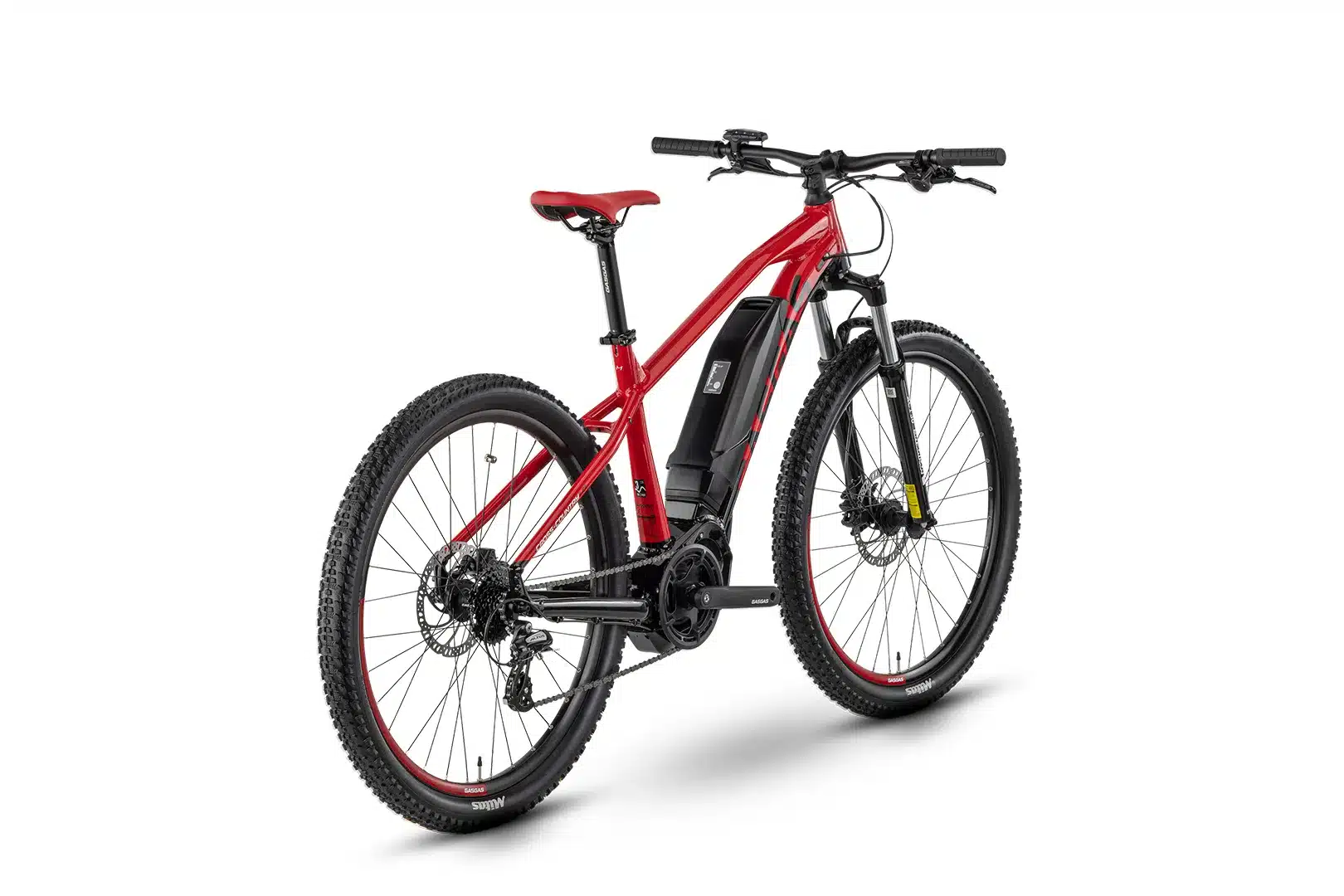 Rotes GASGAS G CROSS COUNTRY 1.0 E-Hardtail Mountainbike mit 27,5-Zoll-Laufrädern und schwarzem Akku.