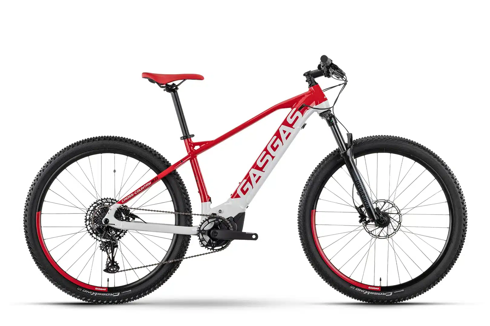 Red and white GasGas G Cross Country 3.0 electric hardtail mountain bike with black tires and red accents on the rims.