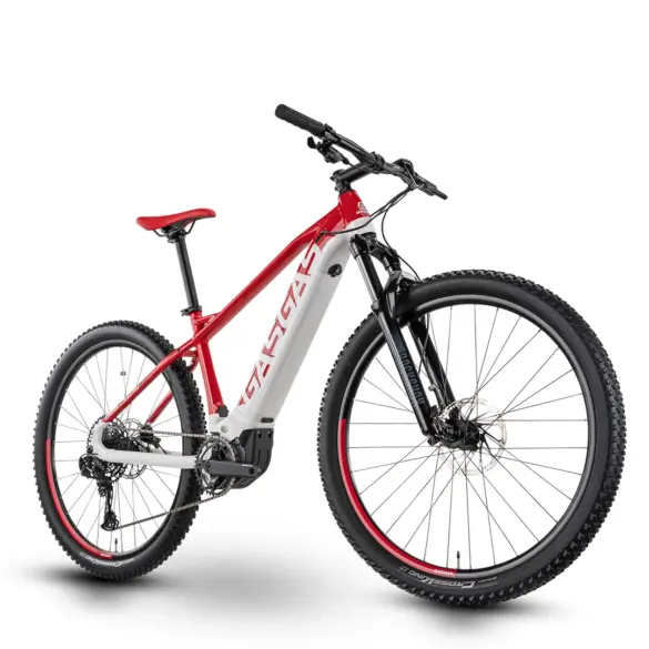 G Cross Country 3.0 E-Hardtail Mountainbike in Rot und Weiß, isoliert auf weißem Hintergrund.