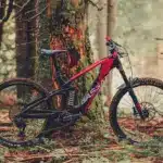 GASGAS ECC 5 E-Enduro-Bike in Sangria Red mit schwarzen Akzenten, fotografiert im Wald auf moosigem Untergrund.