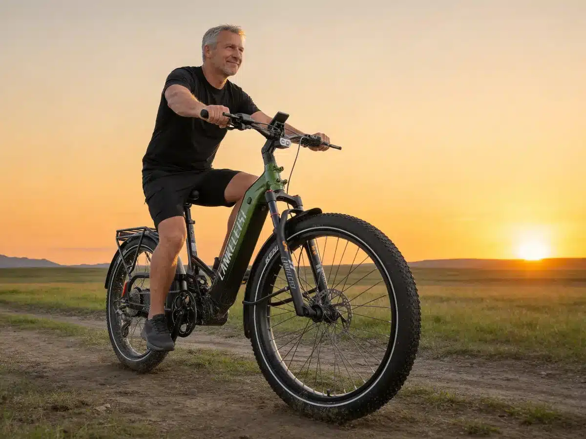 Ein Mann mit grauen Haaren und Bart, bekleidet mit einem schwarzen T-Shirt und kurzen Hosen, fährt ein grünes E-Bike mit dicken Reifen und Vollfederung auf einem Feldweg bei Sonnenuntergang. Der Mann lächelt.