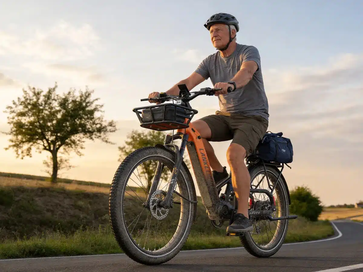 Mann mit Helm fährt ein orangefarbenes Lankeleisi KETT-8 E-Bike mit Tiefeinsteiger-Rahmen, vollgefedert und mit breiten Fat Tires, auf einer asphaltierten Straße in ländlicher Umgebung bei Sonnenuntergang.