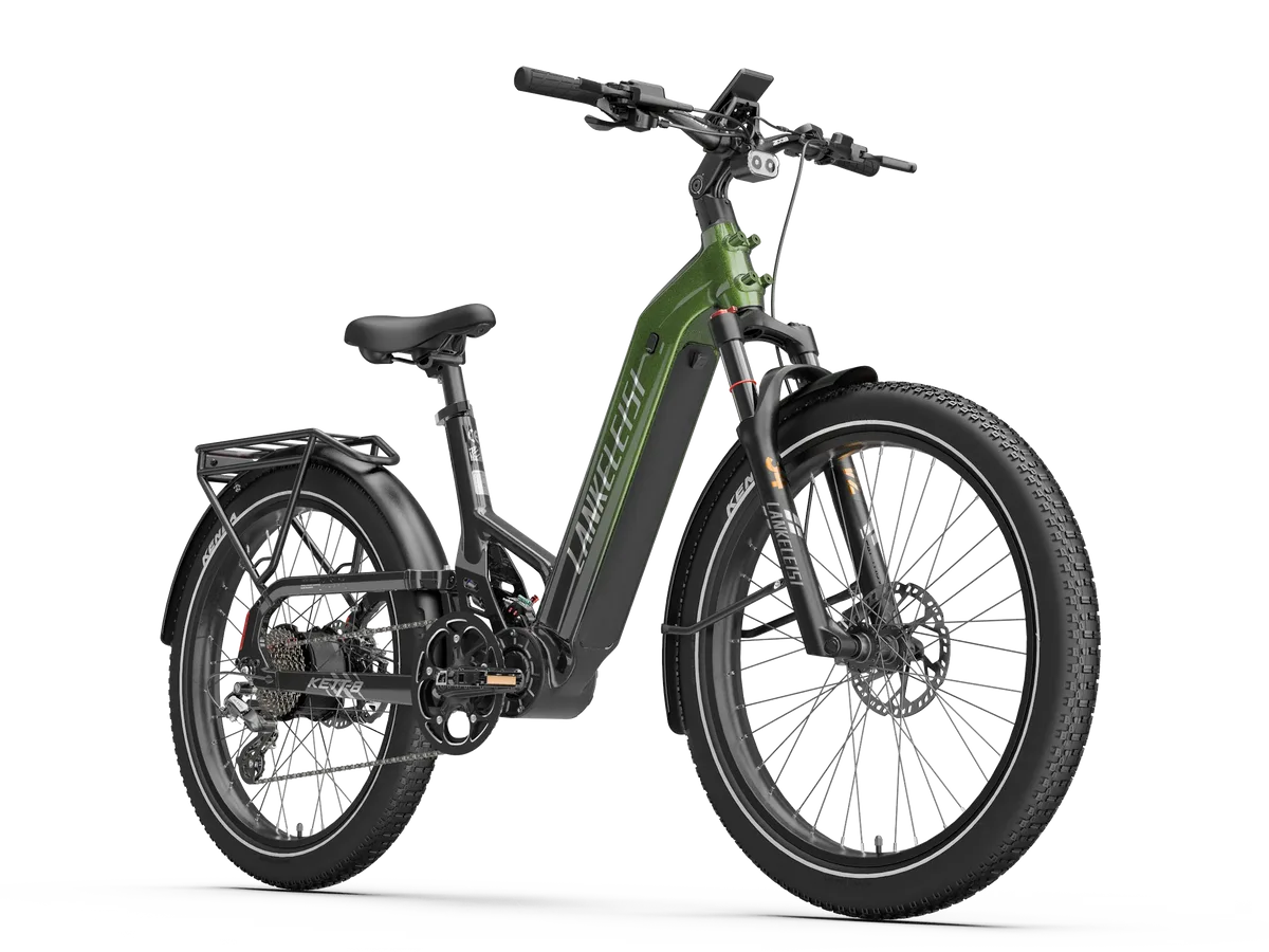 Grünes Lankeleisi KETT-8 E-Bike mit dickem Reifen und Federung, Frontansicht.