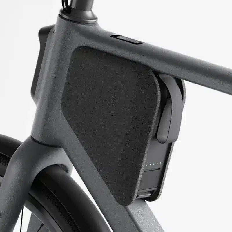 Detailansicht des Rahmens eines Lemmo One Collab. Ride E-Bikes, das einen integrierten Akku zeigt.