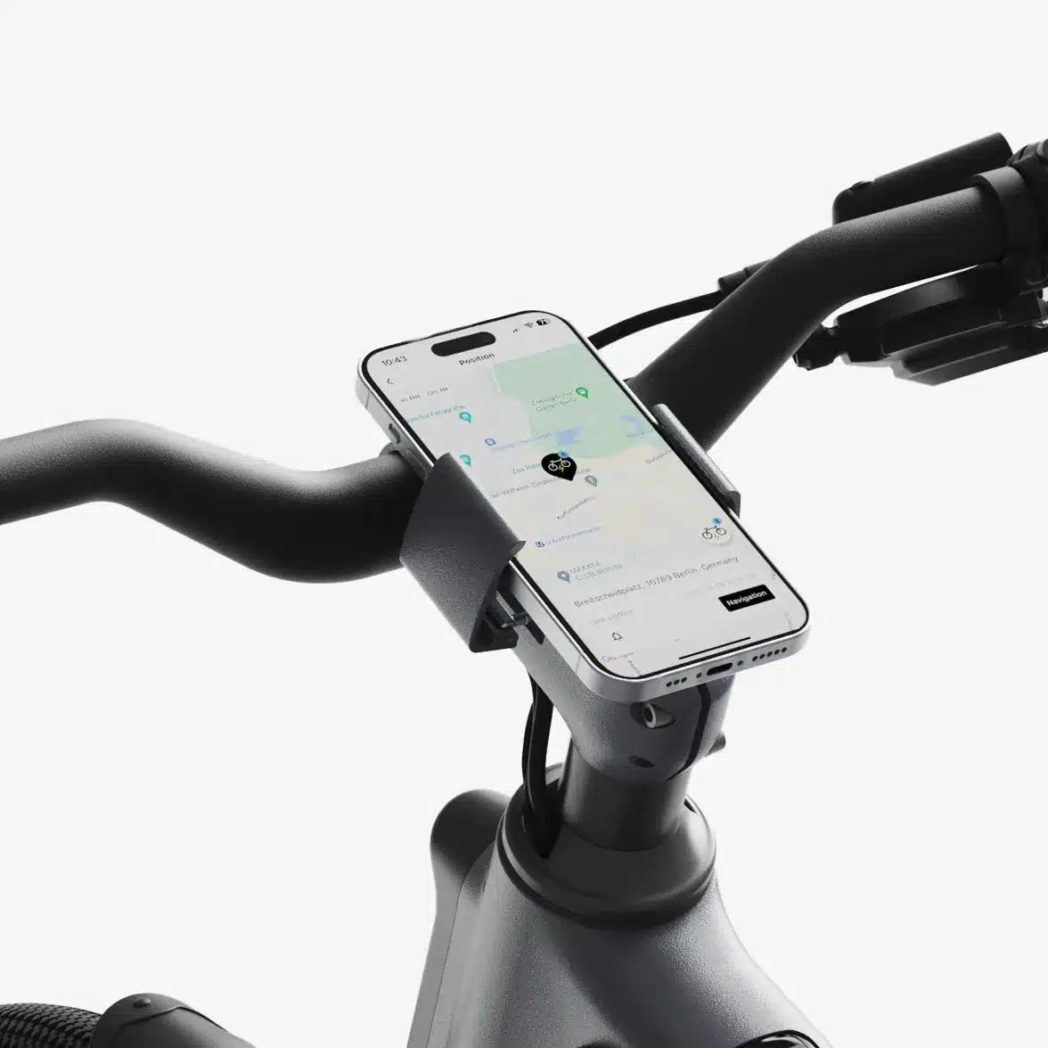 Smartphone mit Navigations-App auf der Halterung am Lenker eines Lemmo E-Bikes.