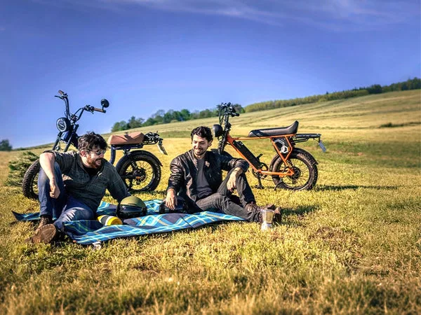 Zwei Männer sitzen auf einer Picknickdecke in einer sonnigen Wiese, im Hintergrund stehen zwei Onemile Scrambler V Pro E-Bikes.