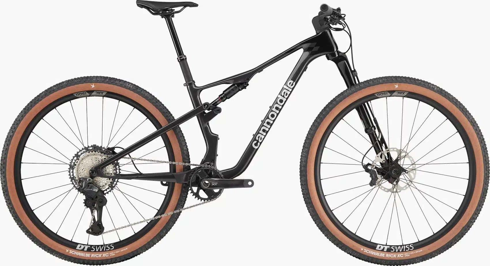 Seitenansicht eines schwarzen Cannondale Scalpel 2 Lefty Fullsuspension Mountainbikes mit braunen Reifen und silberner Kassette.