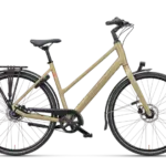 Seitenansicht eines Batavus Senz Active Exclusive Fahrrads in Royal Gold mit Gepäckträger und Schutzblechen.