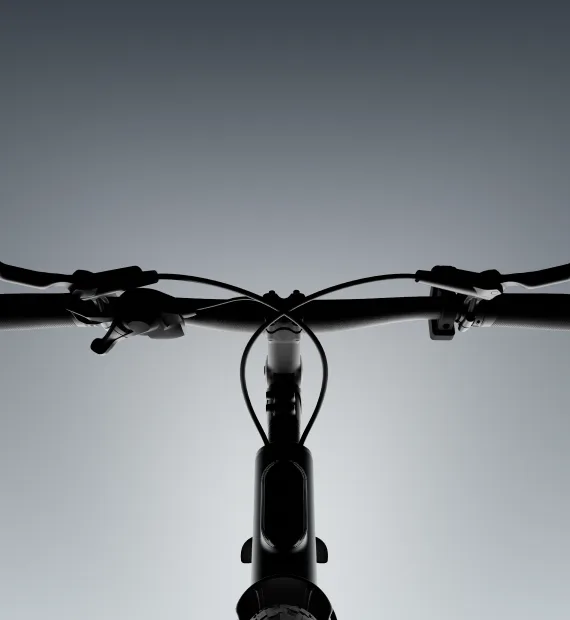 Nahaufnahme des schwarzen Lenkers eines TENWAYS CGO600 Pro E-Bikes mit Fokus auf den Vorbau, die Bremshebel und das integrierte Display.