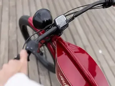 Detailaufnahme des roten Ruffian E-Bikes mit Fokus auf den Lenker, das Bosch Intuvia Display, die vordere Lampe und den auffälligen Tank.