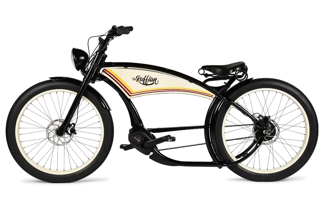 Seitenansicht des Ruffian E-Bikes mit seinem charakteristischen Tank und breiten Reifen.