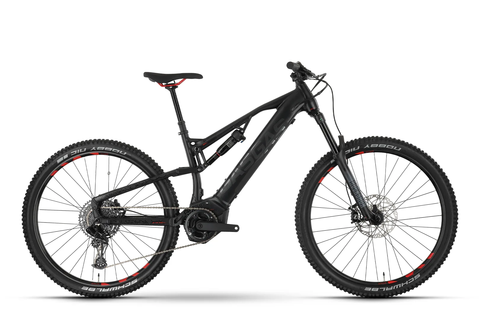 Seitenansicht eines schwarzen GASGAS TRA SE E-Mountainbikes mit 29-Zoll-Rädern und 150 mm Federweg.