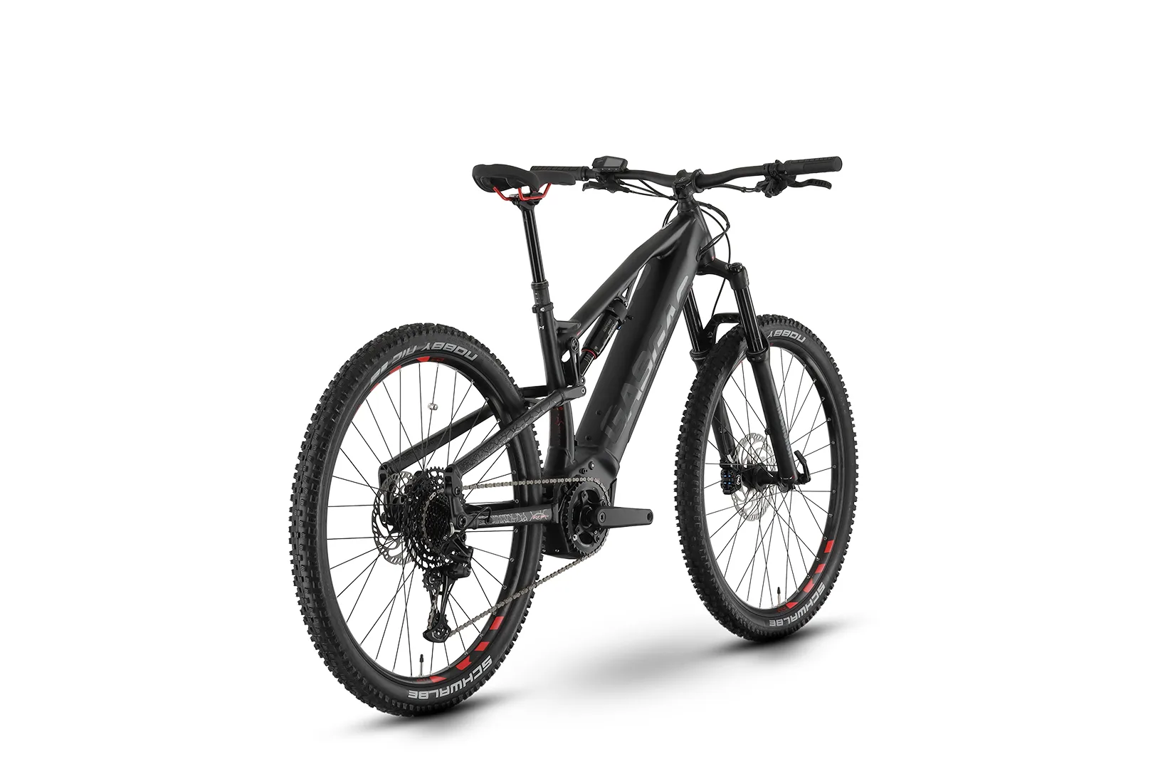 Schwarz lackiertes GASGAS TRA SE E-Mountainbike mit 29 Zoll Rädern und 150mm Federweg, von vorne rechts betrachtet.