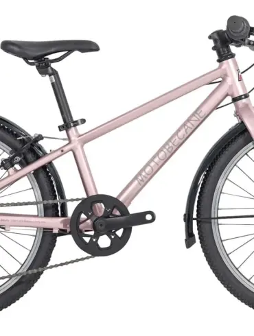 Seitenansicht eines rosa ABC Débuts 20" Kinderfahrrads mit silbernem Dekor, Schutzblechen und Seitenständer.