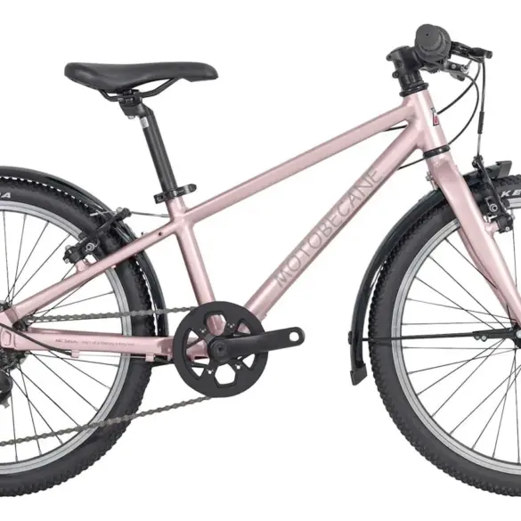 Seitenansicht eines rosa ABC Débuts 20" Kinderfahrrads mit silbernem Dekor, Schutzblechen und Seitenständer.