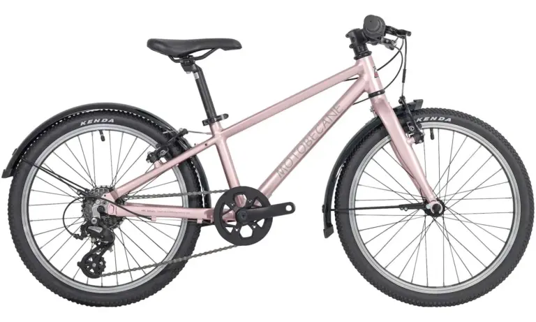 Seitenansicht eines rosa ABC Débuts 20" Kinderfahrrads mit silbernem Dekor, Schutzblechen und Seitenständer.