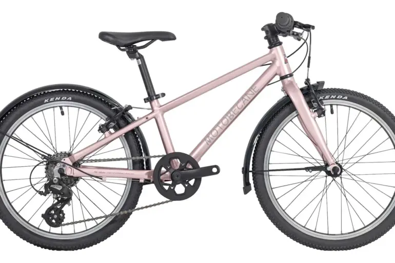 Seitenansicht eines rosa ABC Débuts 20" Kinderfahrrads mit silbernem Dekor, Schutzblechen und Seitenständer.