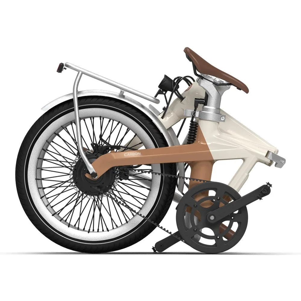 Seitenansicht des ADO Air Carbon E-Bikes in Beige und Braun, mit Fokus auf den Carbonrahmen und die kompakte Bauweise.