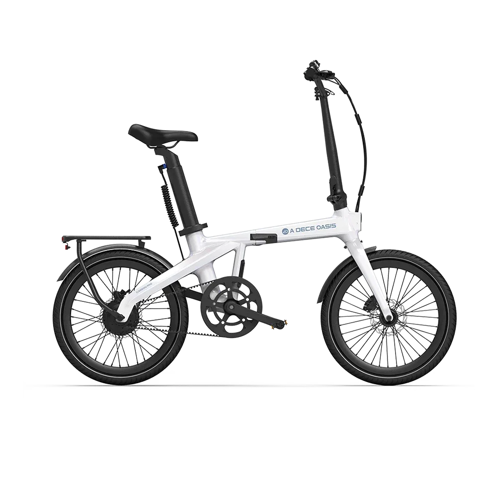 Weißes ADO Air Carbon Pro Faltrad mit Carbonrahmen, das in der Seitenansicht gezeigt wird.