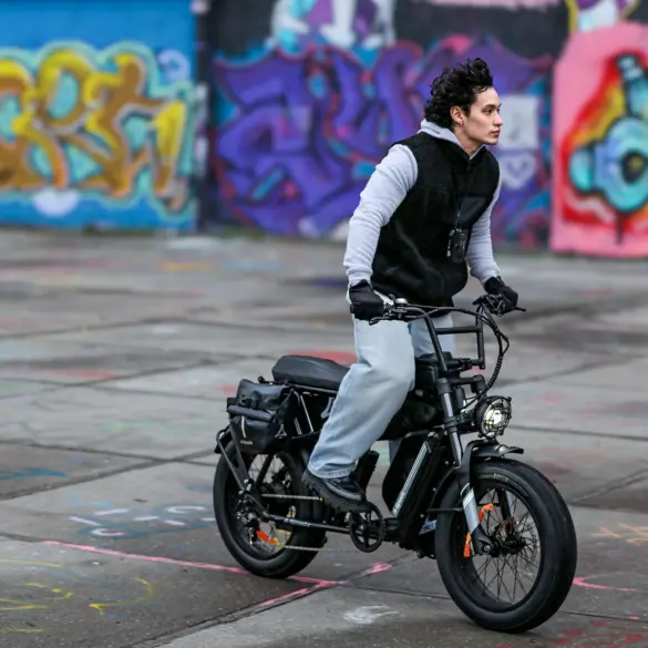 Mann fährt ein CAVET Air E-Bike mit breiten Reifen und auffälliger Optik auf einem von Graffiti-Tags bedeckten Untergrund