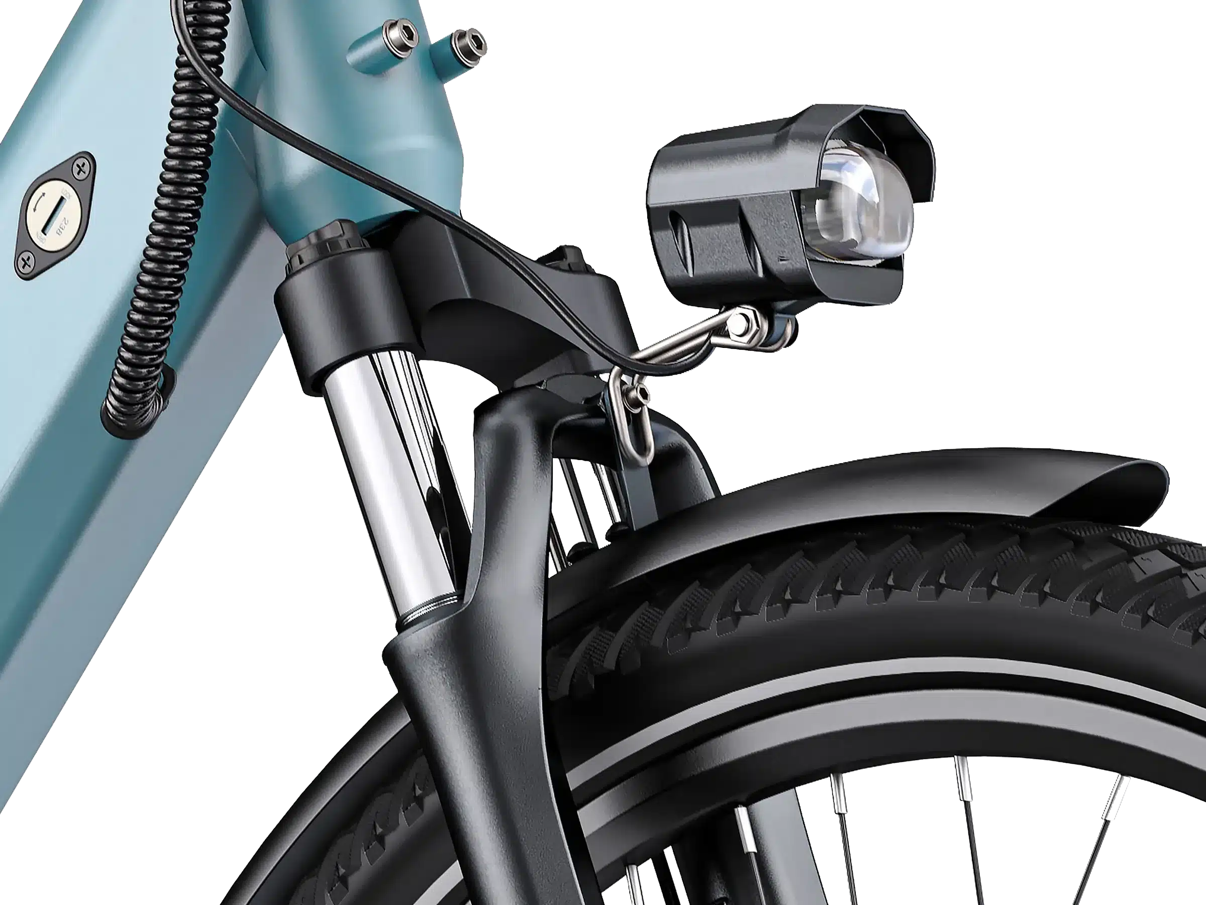 Vorderansicht des ENGWE P275 SE E-Bikes mit beleuchtetem Scheinwerfer und Federgabel.