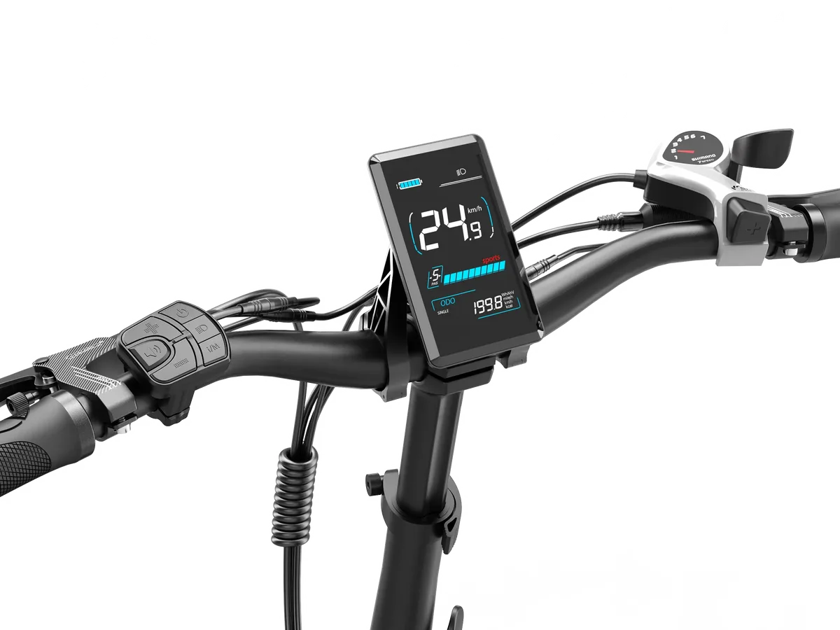Detailansicht des Lenkers eines Dukawey T20 Pro E-Bikes mit Fokus auf das digitale Display, das Geschwindigkeit und Batteriestatus anzeigt, sowie den Bedienschaltern.