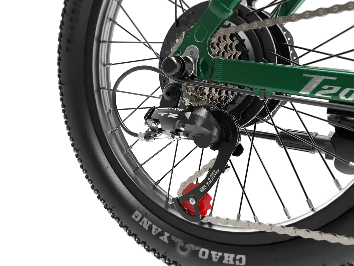 Nahaufnahme des Hinterrads eines grünen E-Bikes mit einem breiten Reifen, Speichen, einem Shimano-Schaltwerk und einer Kassette.