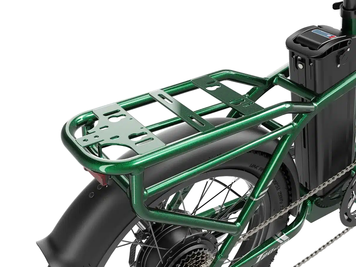 Nahaufnahme des hinteren Teils eines grünen Dukawey T20 Pro E-Bikes mit Fokus auf den robusten Gepäckträger und den seitlich montierten schwarzen Akku.