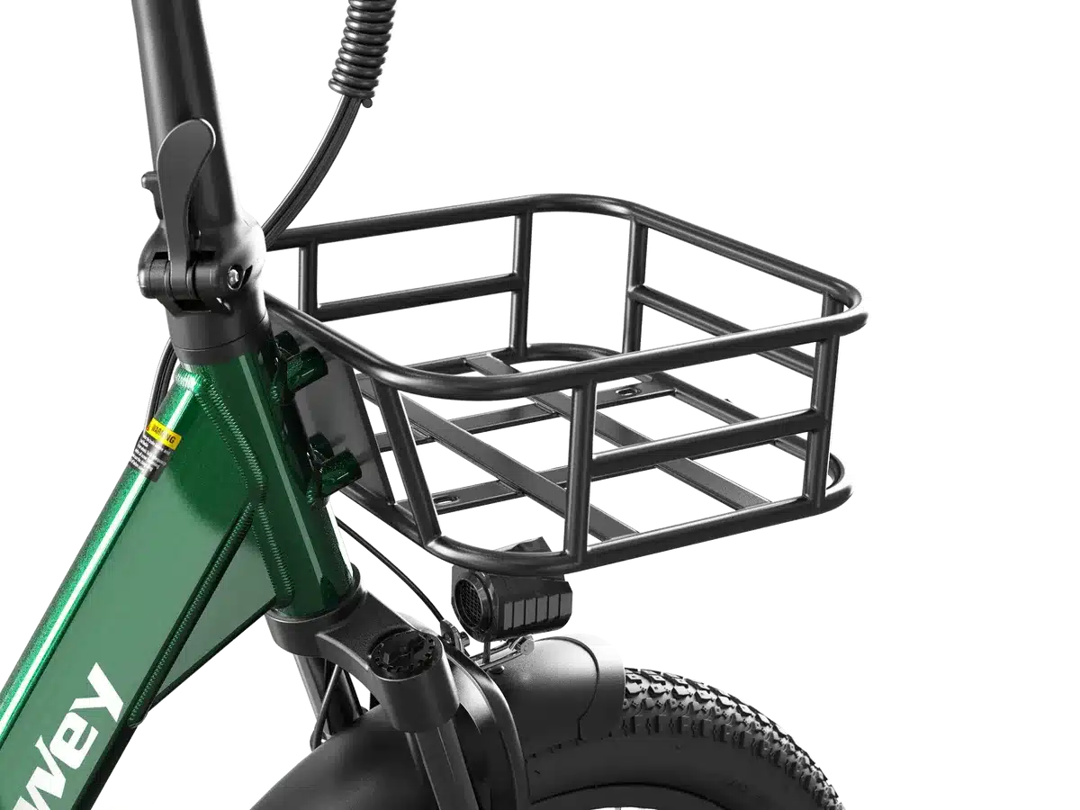 Nahaufnahme des Dukawey T20 Pro E-Bikes, Fokus auf den vorderen Gepäckkorb, die Federgabel und den Lenker.
