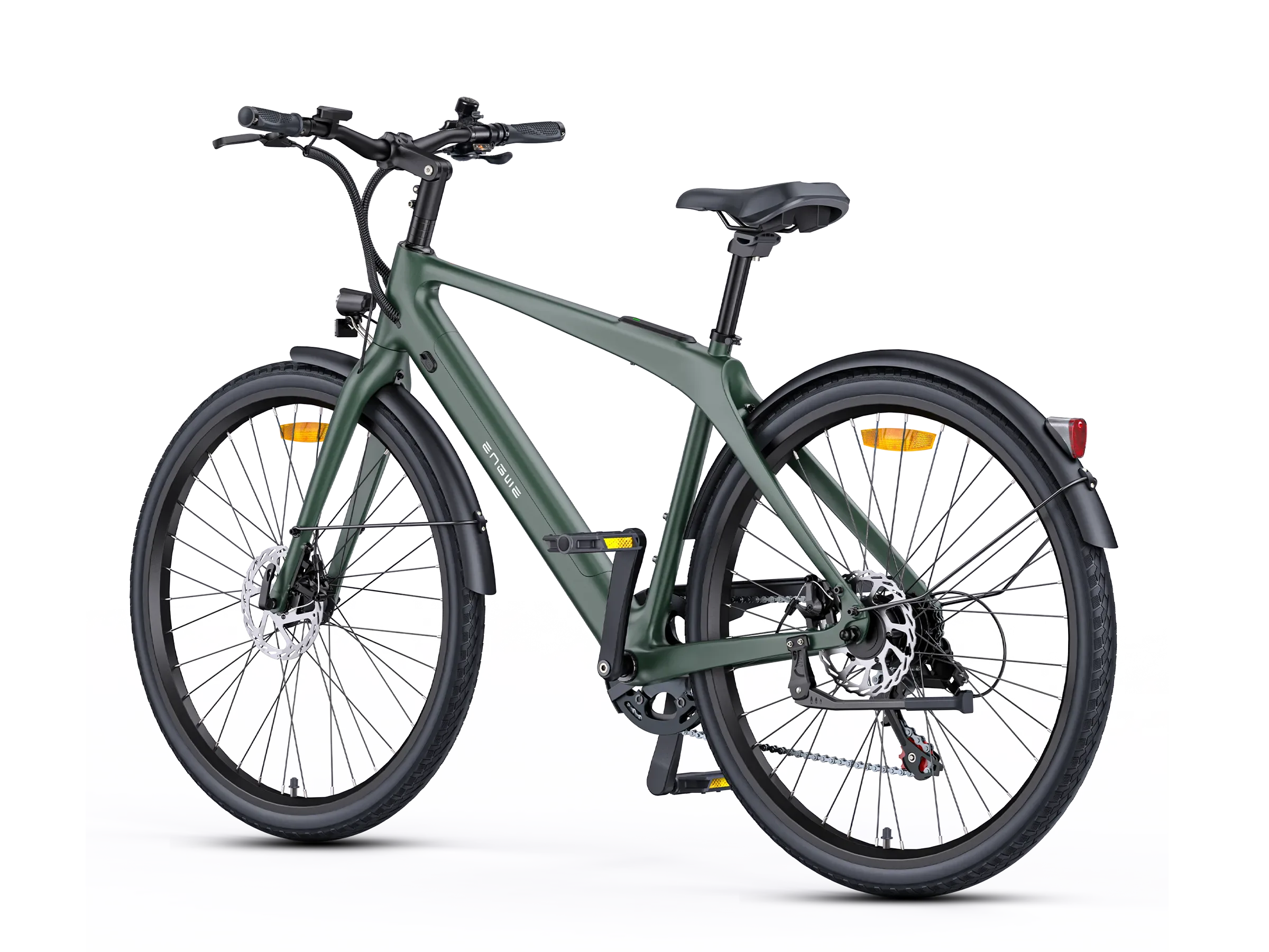 Seitenansicht eines ENGWE N1 AIR E-Bikes mit Carbonrahmen in dunklem Grün und silbernen Felgen.