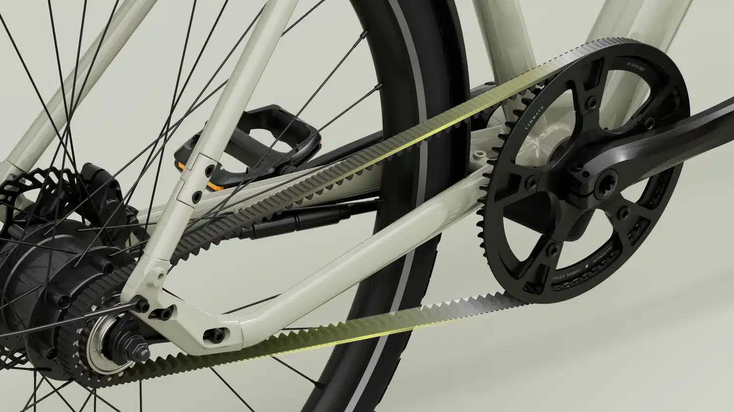 Detailansicht des TENWAYS CGO600 Fahrrads mit Fokus auf den wartungsarmen Carbon-Riemenantrieb und das Hinterradnabengetriebe.
