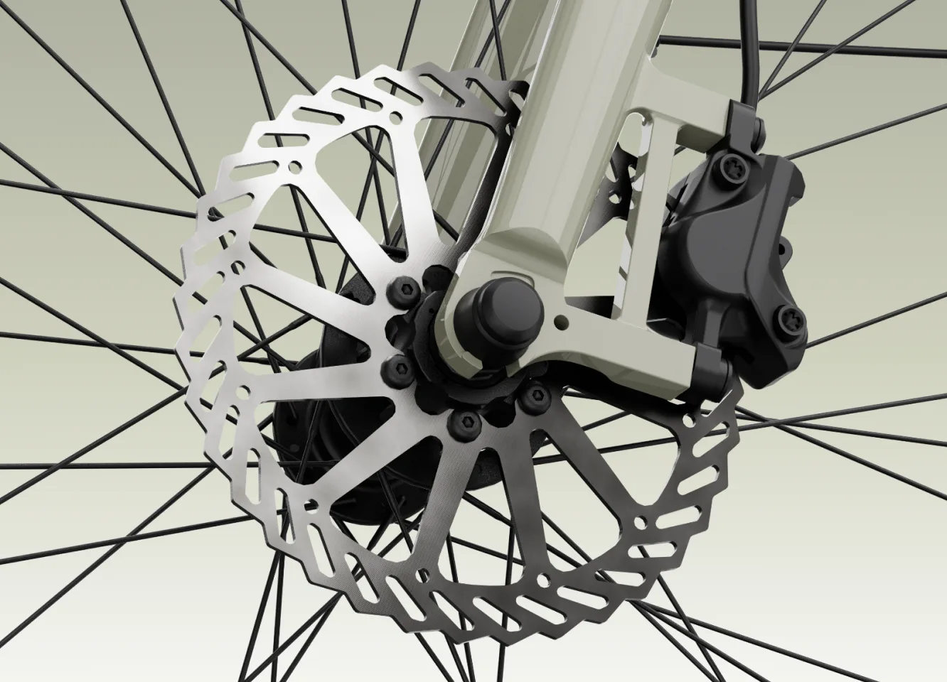 Nahaufnahme der Scheibenbremse und des Vorderrads eines TENWAYS CGO600 E-Bikes.