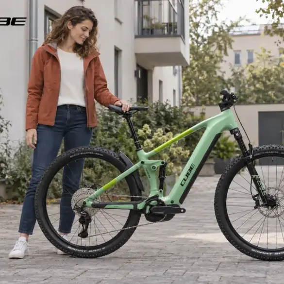 KI-generiertes Bild: Frau mit E-Mountainbike von Cube in einem Wohnviertel