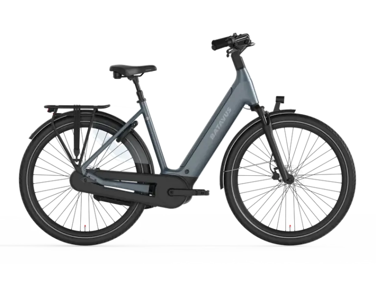 Seitenansicht eines Batavus Finez PT Plus E-Bikes in der Farbe Steel Blue Matt mit integriertem Akku und Gepäckträger.