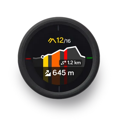 Beeline Velo 2 Fahrradcomputer-Display mit Anzeige des Höhenprofils, der Distanz und der Steigung.