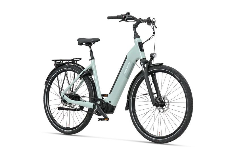 Seitliches Profil eines hellgrünen Batavus E-Bikes mit tiefem Einstieg, Gepäckträger und integriertem Akku.
