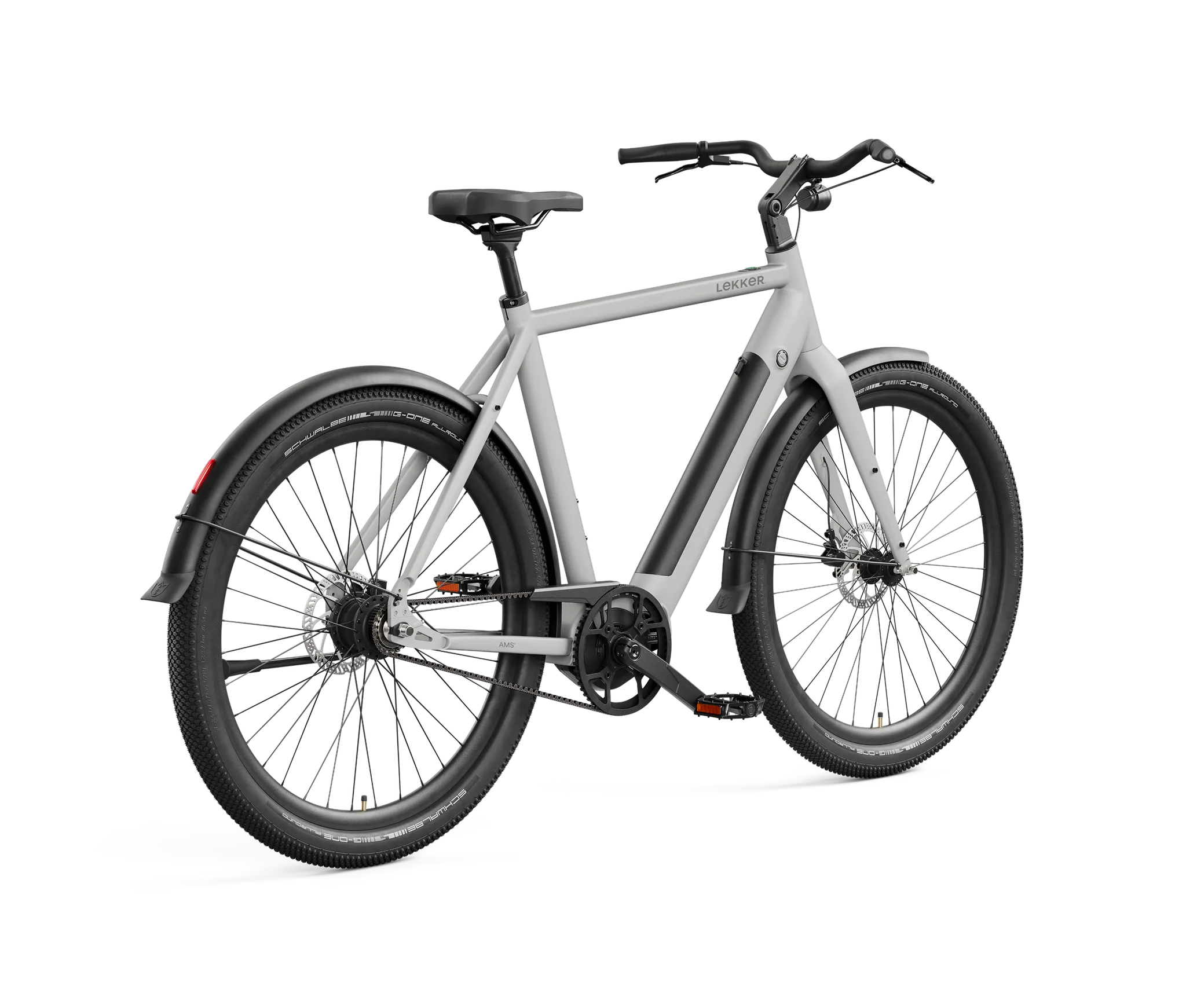 Graues Lekker Amsterdam Urban E-Bike mit Mittelmotor und Scheibenbremsen, dargestellt im Seitenprofil.