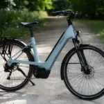 Ein hellblaues Antwerp PX 9 City-E-Bike mit Gepäckträger und breiten Reifen steht auf einem Feldweg, umgeben von grünen Bäumen.