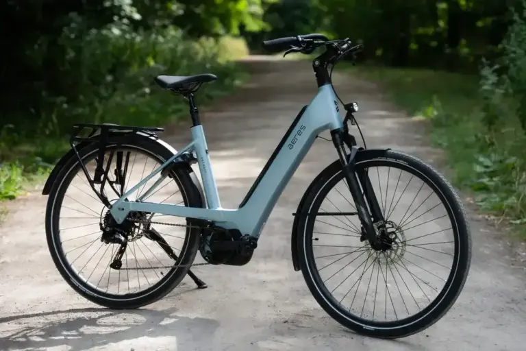 Ein hellblaues Antwerp PX 9 City-E-Bike mit Gepäckträger und breiten Reifen steht auf einem Feldweg, umgeben von grünen Bäumen.