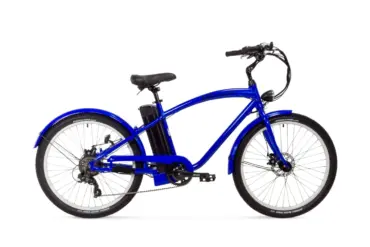 Blaues Varaneo Beachcruiser E-Bike mit auffälligem Retro-Look und komfortabler Sitzgeometrie, ideal für den Stadtverkehr.